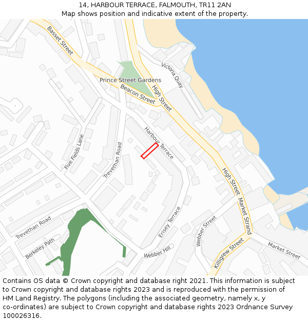 14, HARBOUR TERRACE, FALMOUTH, TR11 2AN: Location map and indicative extent of plot