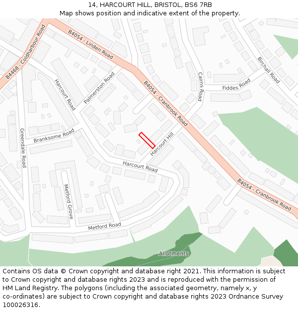 14, HARCOURT HILL, BRISTOL, BS6 7RB: Location map and indicative extent of plot