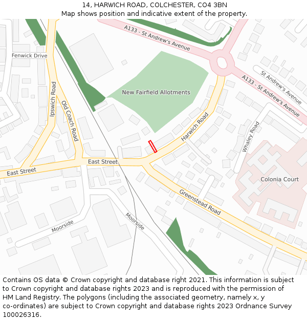 14, HARWICH ROAD, COLCHESTER, CO4 3BN: Location map and indicative extent of plot