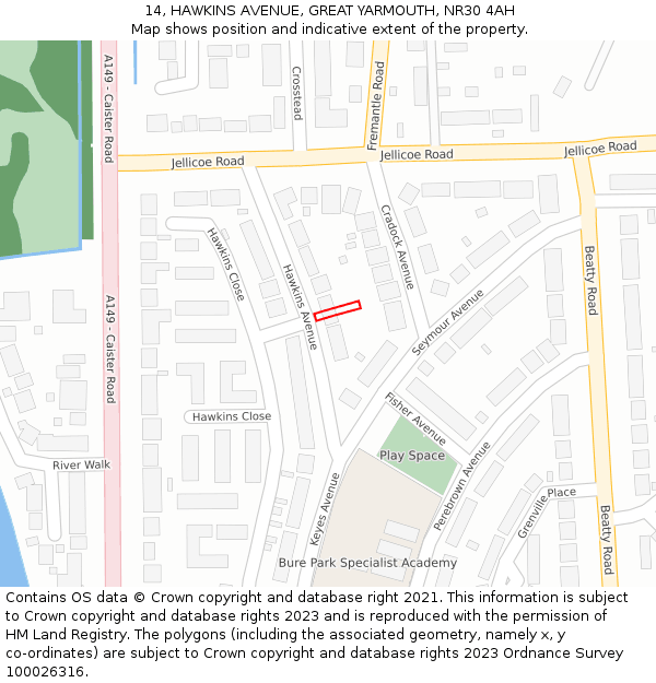 14, HAWKINS AVENUE, GREAT YARMOUTH, NR30 4AH: Location map and indicative extent of plot