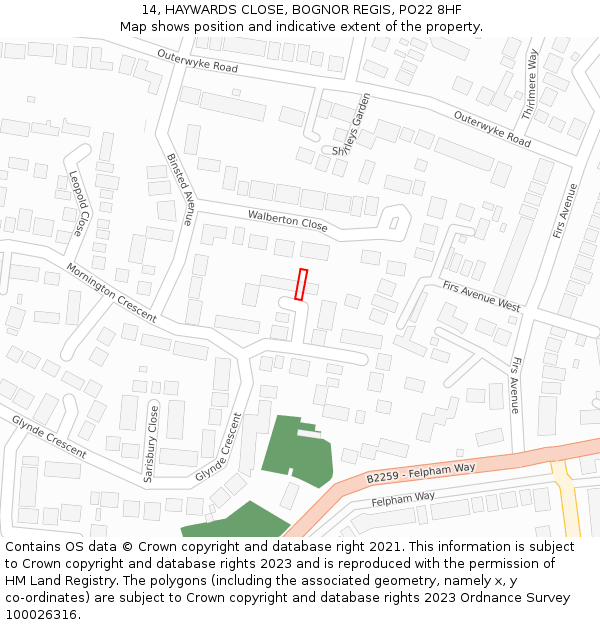 14, HAYWARDS CLOSE, BOGNOR REGIS, PO22 8HF: Location map and indicative extent of plot
