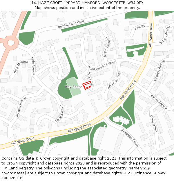 14, HAZE CROFT, LYPPARD HANFORD, WORCESTER, WR4 0EY: Location map and indicative extent of plot