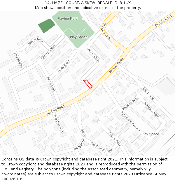 14, HAZEL COURT, AISKEW, BEDALE, DL8 1UX: Location map and indicative extent of plot