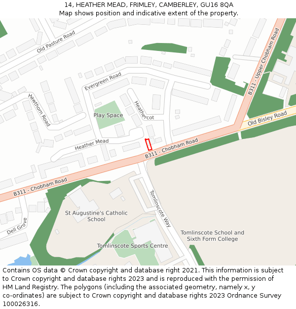 14, HEATHER MEAD, FRIMLEY, CAMBERLEY, GU16 8QA: Location map and indicative extent of plot