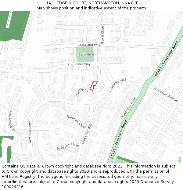 14, HEDGELY COURT, NORTHAMPTON, NN4 8LT: Location map and indicative extent of plot