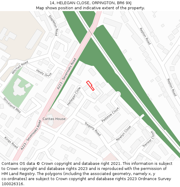 14, HELEGAN CLOSE, ORPINGTON, BR6 9XJ: Location map and indicative extent of plot
