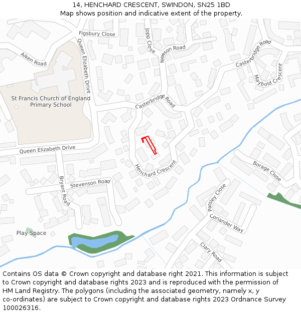 14, HENCHARD CRESCENT, SWINDON, SN25 1BD: Location map and indicative extent of plot