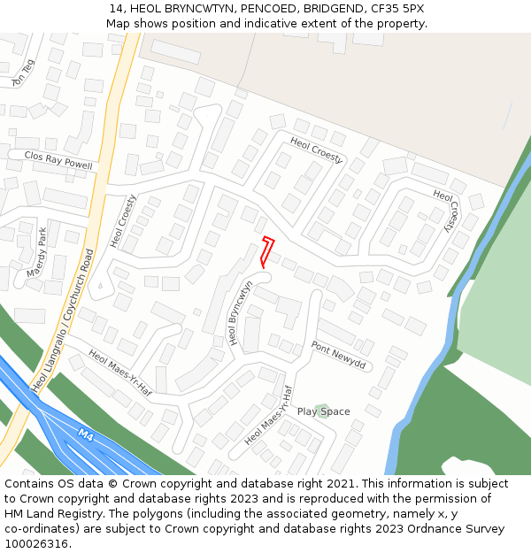 14, HEOL BRYNCWTYN, PENCOED, BRIDGEND, CF35 5PX: Location map and indicative extent of plot