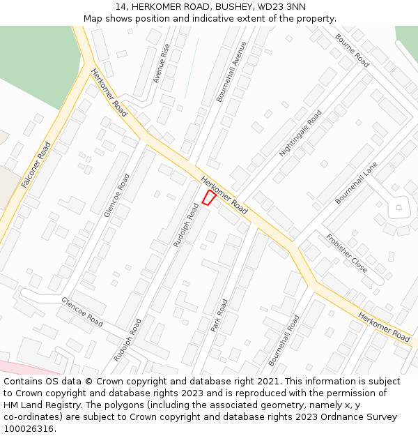 14, HERKOMER ROAD, BUSHEY, WD23 3NN: Location map and indicative extent of plot