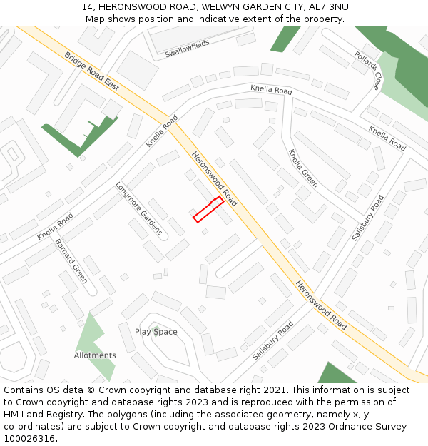 14, HERONSWOOD ROAD, WELWYN GARDEN CITY, AL7 3NU: Location map and indicative extent of plot