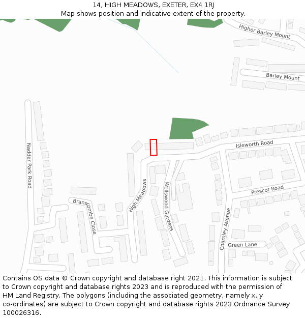 14, HIGH MEADOWS, EXETER, EX4 1RJ: Location map and indicative extent of plot