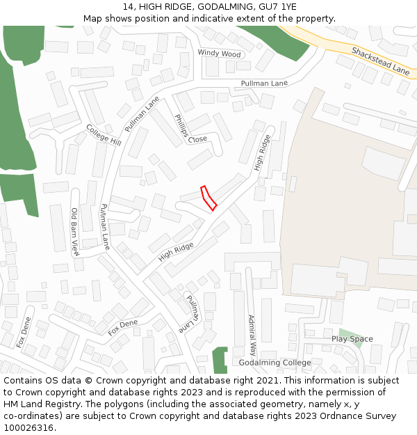 14, HIGH RIDGE, GODALMING, GU7 1YE: Location map and indicative extent of plot