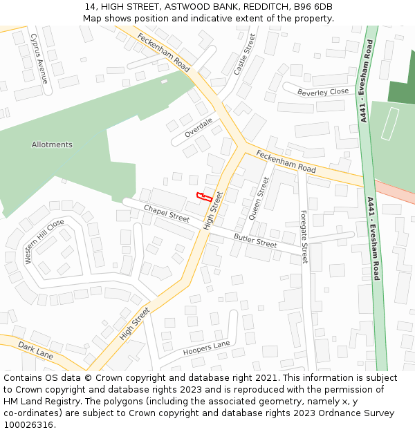14, HIGH STREET, ASTWOOD BANK, REDDITCH, B96 6DB: Location map and indicative extent of plot