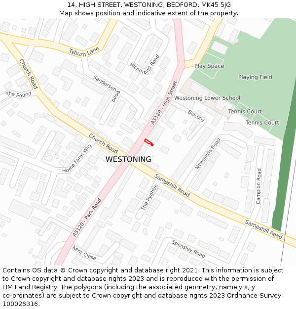 14, HIGH STREET, WESTONING, BEDFORD, MK45 5JG: Location map and indicative extent of plot