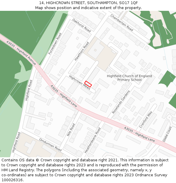 14, HIGHCROWN STREET, SOUTHAMPTON, SO17 1QF: Location map and indicative extent of plot
