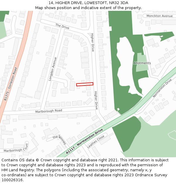 14, HIGHER DRIVE, LOWESTOFT, NR32 3DA: Location map and indicative extent of plot
