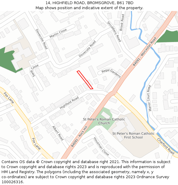 14, HIGHFIELD ROAD, BROMSGROVE, B61 7BD: Location map and indicative extent of plot