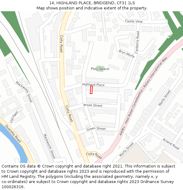 14, HIGHLAND PLACE, BRIDGEND, CF31 1LS: Location map and indicative extent of plot