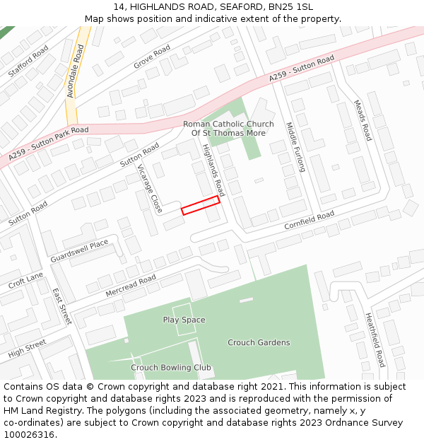 14, HIGHLANDS ROAD, SEAFORD, BN25 1SL: Location map and indicative extent of plot