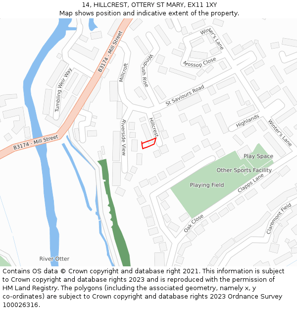 14, HILLCREST, OTTERY ST MARY, EX11 1XY: Location map and indicative extent of plot
