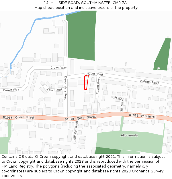 14, HILLSIDE ROAD, SOUTHMINSTER, CM0 7AL: Location map and indicative extent of plot