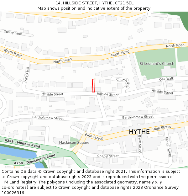 14, HILLSIDE STREET, HYTHE, CT21 5EL: Location map and indicative extent of plot
