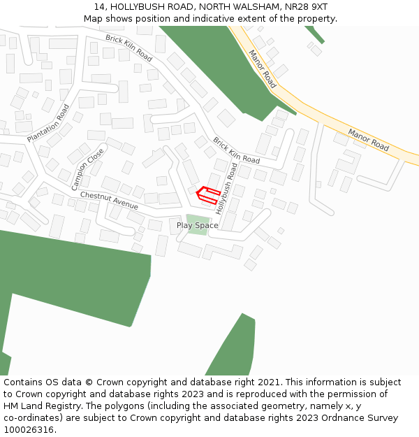 14, HOLLYBUSH ROAD, NORTH WALSHAM, NR28 9XT: Location map and indicative extent of plot