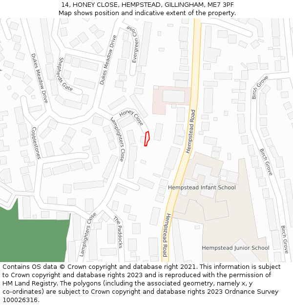 14, HONEY CLOSE, HEMPSTEAD, GILLINGHAM, ME7 3PF: Location map and indicative extent of plot