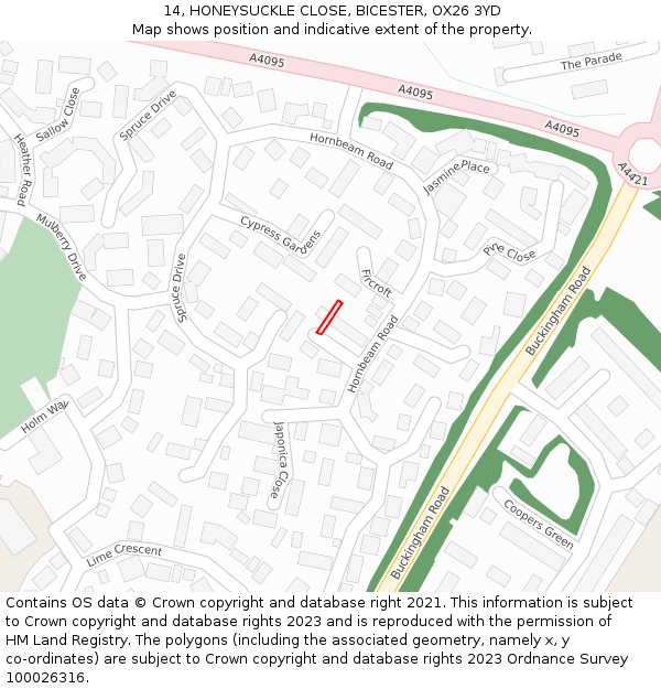 14, HONEYSUCKLE CLOSE, BICESTER, OX26 3YD: Location map and indicative extent of plot