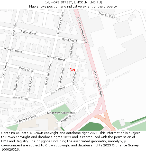 14, HOPE STREET, LINCOLN, LN5 7UJ: Location map and indicative extent of plot