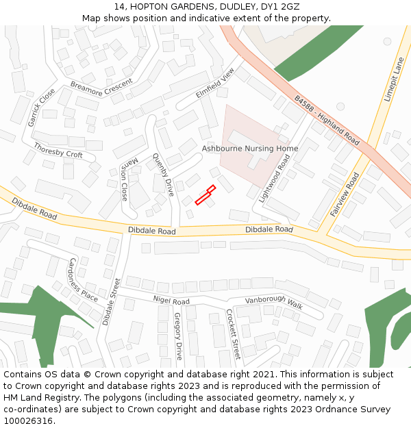 14, HOPTON GARDENS, DUDLEY, DY1 2GZ: Location map and indicative extent of plot
