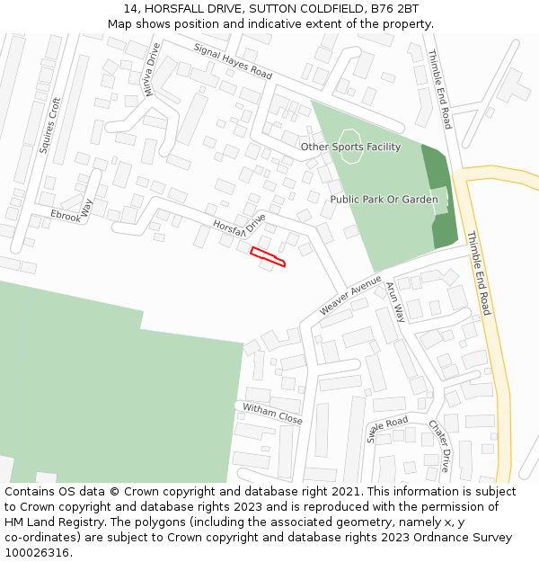 14, HORSFALL DRIVE, SUTTON COLDFIELD, B76 2BT: Location map and indicative extent of plot