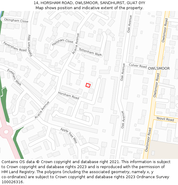 14, HORSHAM ROAD, OWLSMOOR, SANDHURST, GU47 0YY: Location map and indicative extent of plot