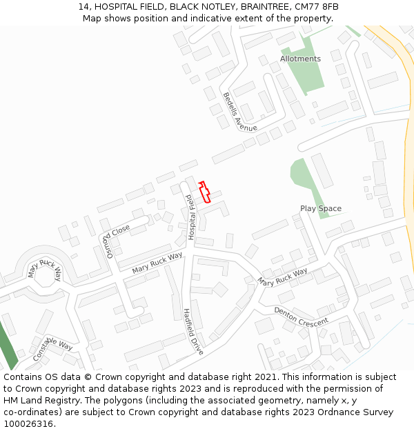 14, HOSPITAL FIELD, BLACK NOTLEY, BRAINTREE, CM77 8FB: Location map and indicative extent of plot