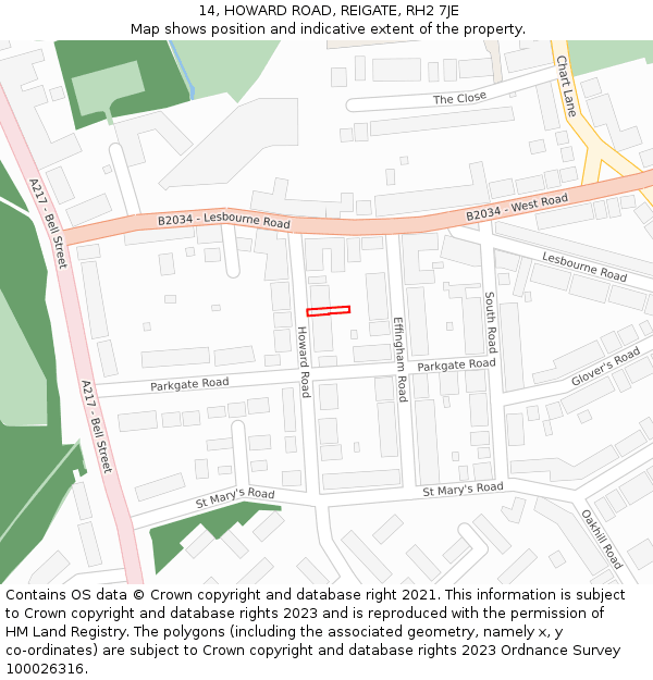 14, HOWARD ROAD, REIGATE, RH2 7JE: Location map and indicative extent of plot