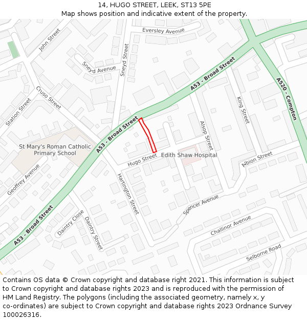 14, HUGO STREET, LEEK, ST13 5PE: Location map and indicative extent of plot