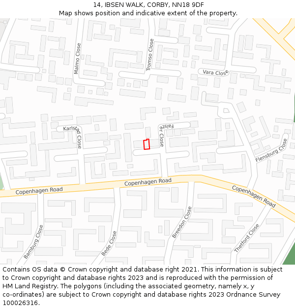 14, IBSEN WALK, CORBY, NN18 9DF: Location map and indicative extent of plot