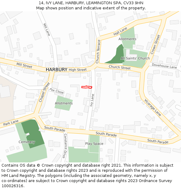 14, IVY LANE, HARBURY, LEAMINGTON SPA, CV33 9HN: Location map and indicative extent of plot