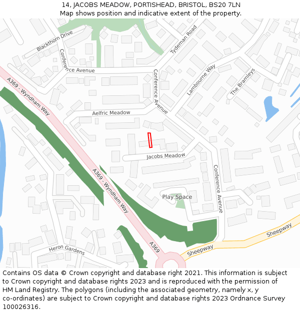 14, JACOBS MEADOW, PORTISHEAD, BRISTOL, BS20 7LN: Location map and indicative extent of plot