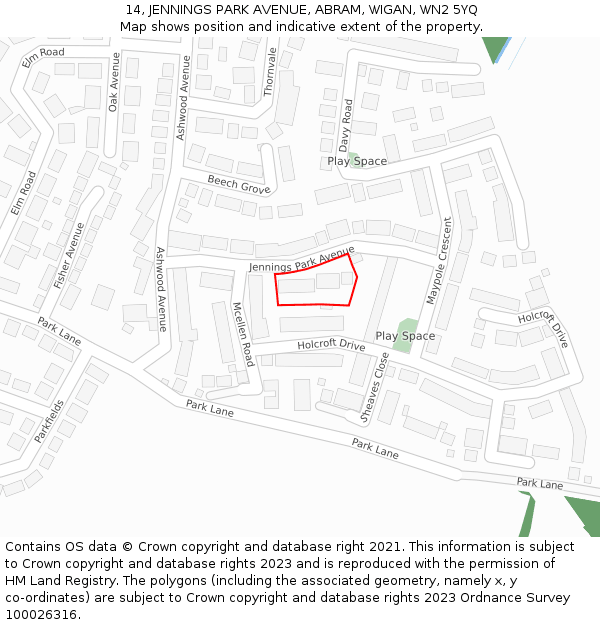 14, JENNINGS PARK AVENUE, ABRAM, WIGAN, WN2 5YQ: Location map and indicative extent of plot