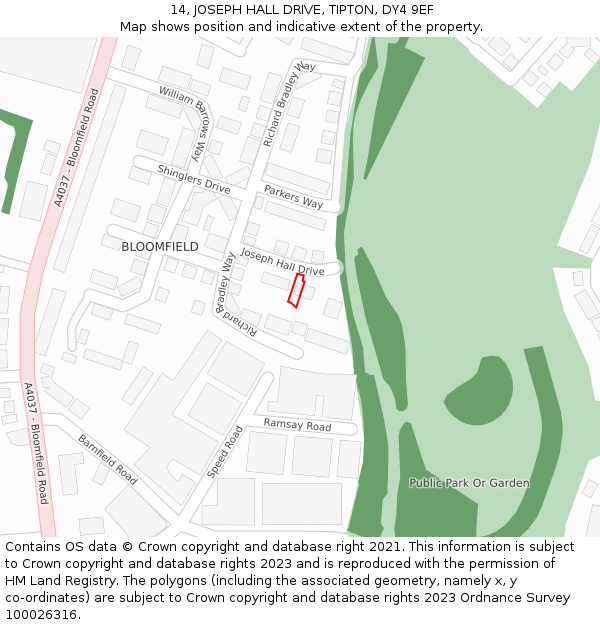 14, JOSEPH HALL DRIVE, TIPTON, DY4 9EF: Location map and indicative extent of plot