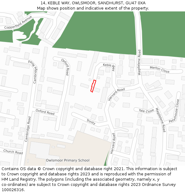 14, KEBLE WAY, OWLSMOOR, SANDHURST, GU47 0XA: Location map and indicative extent of plot