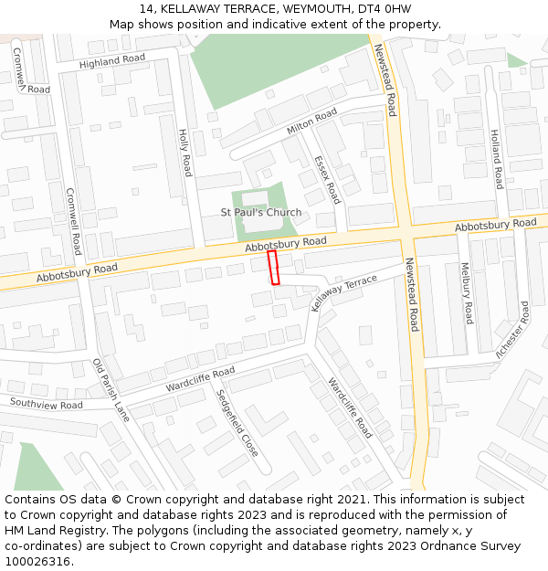 14, KELLAWAY TERRACE, WEYMOUTH, DT4 0HW: Location map and indicative extent of plot