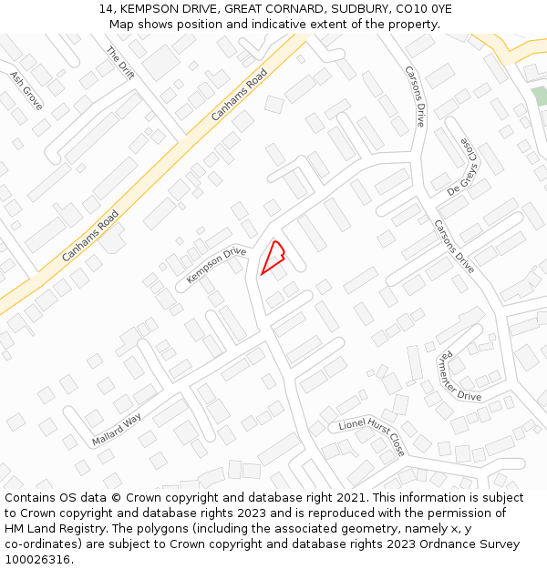 14, KEMPSON DRIVE, GREAT CORNARD, SUDBURY, CO10 0YE: Location map and indicative extent of plot