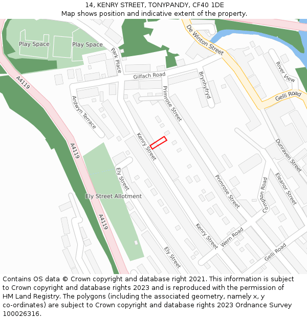 14, KENRY STREET, TONYPANDY, CF40 1DE: Location map and indicative extent of plot