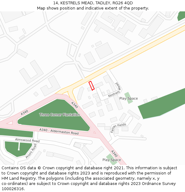 14, KESTRELS MEAD, TADLEY, RG26 4QD: Location map and indicative extent of plot