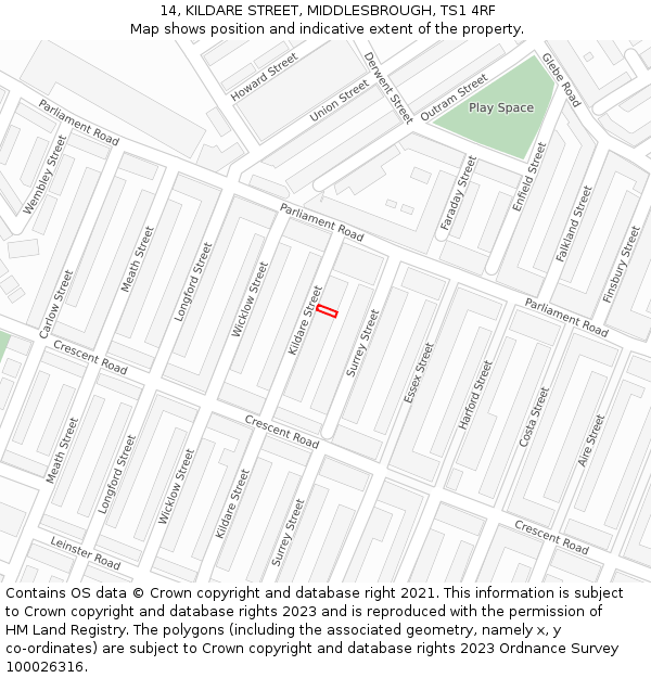 14, KILDARE STREET, MIDDLESBROUGH, TS1 4RF: Location map and indicative extent of plot