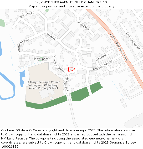 14, KINGFISHER AVENUE, GILLINGHAM, SP8 4GL: Location map and indicative extent of plot