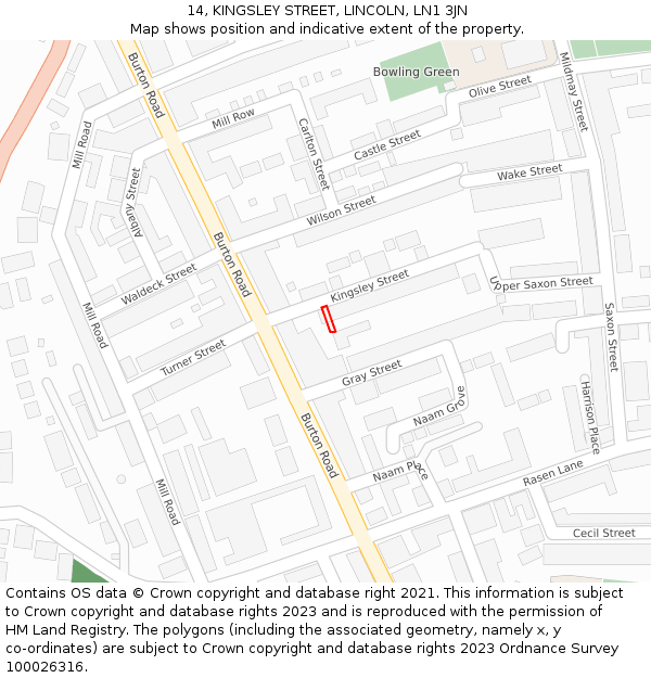 14, KINGSLEY STREET, LINCOLN, LN1 3JN: Location map and indicative extent of plot