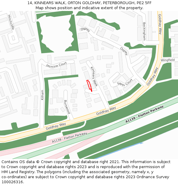 14, KINNEARS WALK, ORTON GOLDHAY, PETERBOROUGH, PE2 5FF: Location map and indicative extent of plot